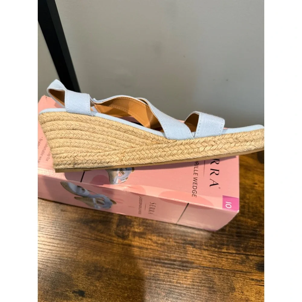 Serra Ladies Espadrille Wedge Sandals Light Blue Jute Heel Size 10 NEW